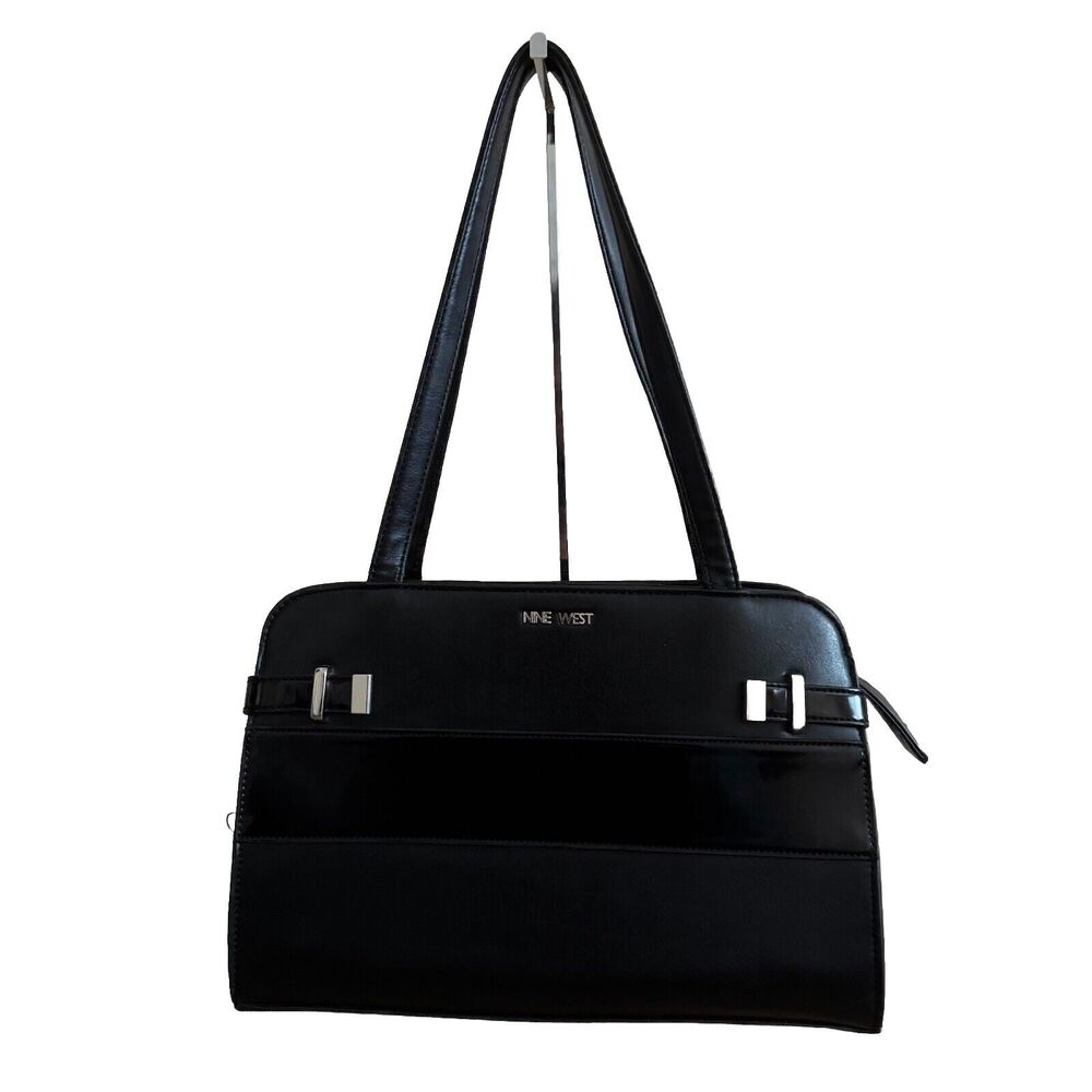 Nine West Black Shoulder Handbag Purse Faux Leather Silver Buckle Accent Straps